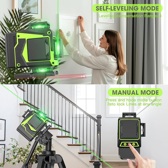 16 Line Laser Level 360 Self Leveling, 4x360°Professional 4D Green Cross Line laser Level with 2 Batteries, Adjustable Brightness & Remote Control, for Tiling Floor Construction and Picture Hanging