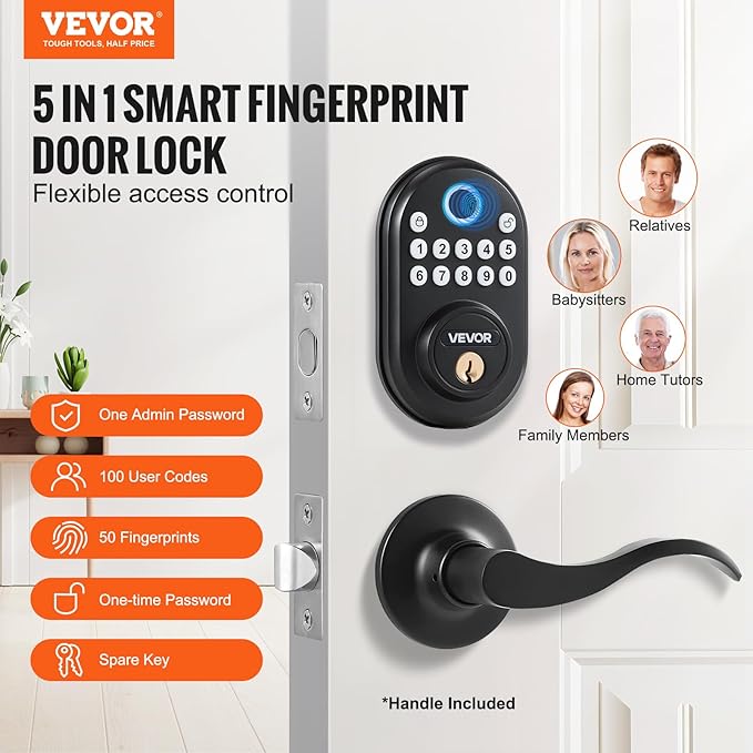 VEVOR Fingerprint Door Lock with Level Handles, Fingerprint/Keypad Code/Key, One-Time and Anti-Peeking Password, Constant Unlock Mode, Aluminum Alloy, Electronic Keypad Deadbolt for Entry Doors