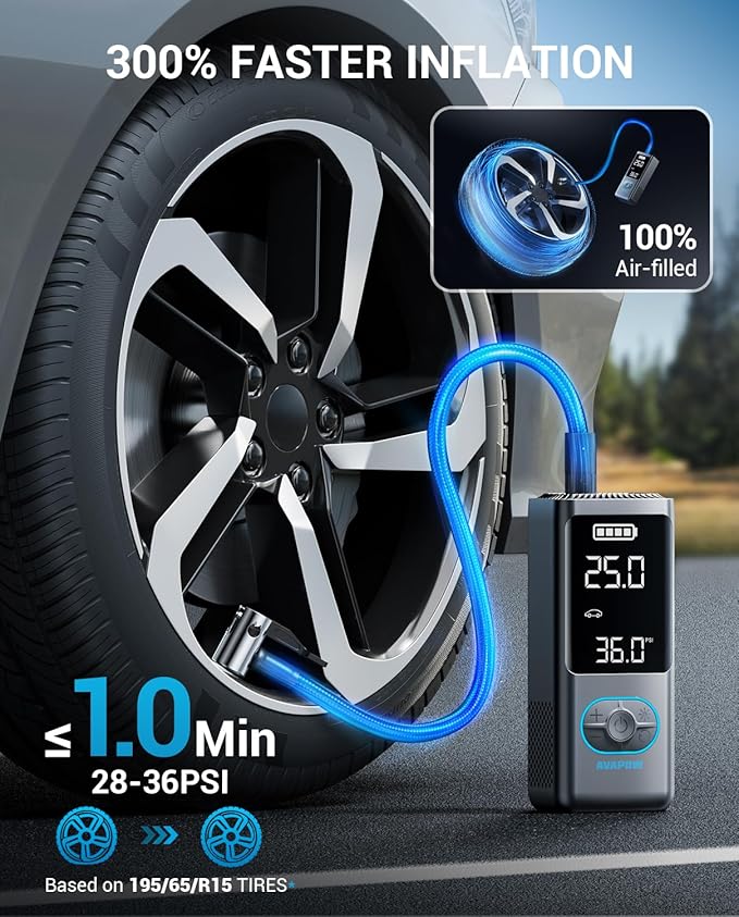AVAPOW Tire Inflator Portable Air Compressor, 150 PSI Cordless Car Tire Air Pump with Pressure Gauge, 3.7″ LCD Screen, Auto-Shuts Off Tire Pump for Car, Motorcycle, Bike, Balls