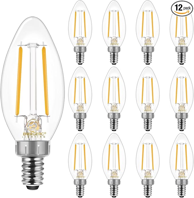 Energetic E12 B10 LED Classic Candelabra Clear Light Bulb, 40 Watt Equivalent, Soft White 2700K, Filament Clear Glass, Non-Dimmable, UL Listed, Pack of 12