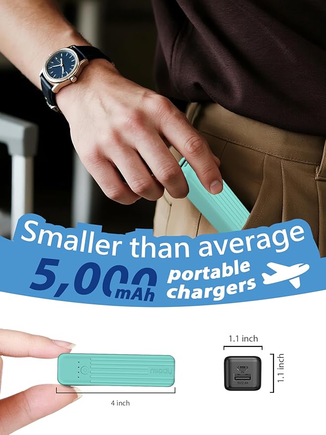 Miady 2-Pack Small Portable Charger, 5000mAh Battery Pack 3.45oz Lightweight Power Bank 5V/2.4A Output & 5V/2A Input Battery Pack Charger Mini Portable Phone Charger for iPhone, Samsung Galaxy etc