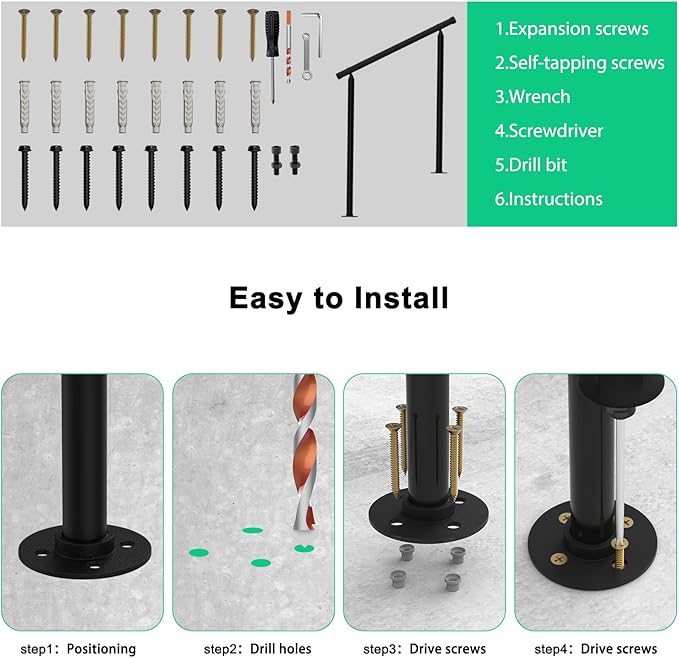 Shinoske Outdoor Handrail,Stair Handrail,Metal Handrails with Installation Kit for Concrete, Porch Steps,One-Step Assembly, Black, 1 Pack, Hand Rails for Outdoor Steps Fit 2 to 3 Steps