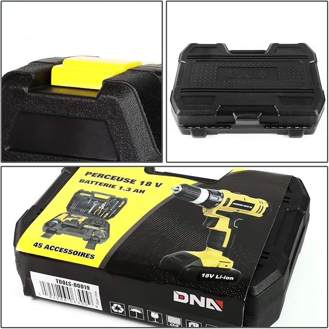 DNA MOTORING 46pcs 18V 1300mAh Cordless Drill Set, Drill Driver Home Tool Kits Combination Tool Set, Tool Kit with Drill For Home, DIY, Maintenance, Yellow, TOOLS-00019