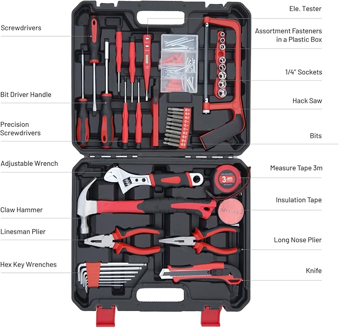 Household Tools Kit Essential Home Repair Set with Plastic Toolbox Ideal for College Students, Home Use & More