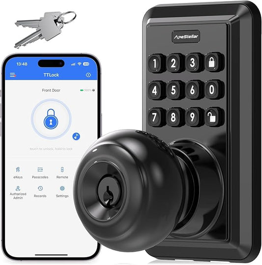 Wi-Fi Smart Keyless Entry Door Lock with Knob, Keypad Door Lock with Handle, Smart Locks for Front Door, Door Knob with Code, No Hub Required, APP Remote Control