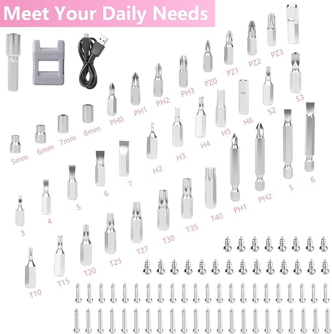 Electric Screwdriver Pink, 3.6V Rechargeable Cordless Screwdriver, 5N.m Max Torque, 4-Gear Torque, LED Light, 105 Pcs, Ideal for Women Daily & Light Industrial Use