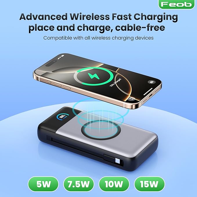 Wireless Portable Charger 40800mAh with Built-in Cables, 15W Wireless Charging USB C Power Bank, 25W PD QC 4.0 5 Outputs TFT LCD Display Battery Pack for iPhone 16/15/14/13/12, Samsung, Android etc