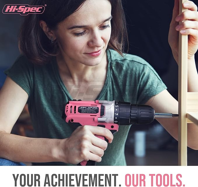 Hi-Spec 58pc 18V Pink Womens Cordless Electric Power Drill Driver and Screw Bit Set in a Portable Case for Wood, Plastics, Drywall and Light Metal Drilling