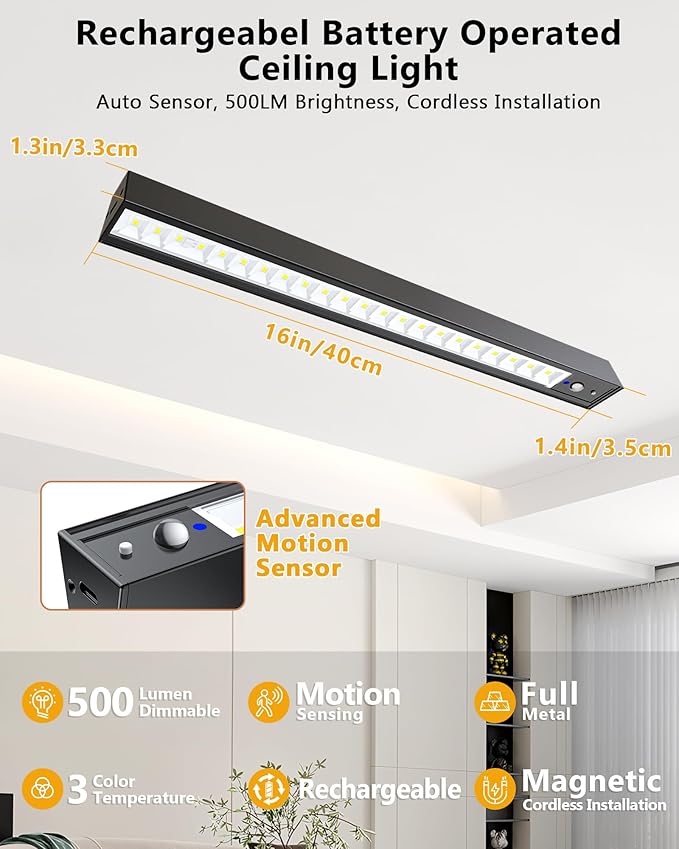 Rechargeable Motion Sensor Ceiling Light, Full Metal Battery Powered LED Closet Light, 3 Color 500LM Dimmable with Remote & Timer, Magnetic Cordless Mount for Shower, Hallway, Garage, Pantry -Black