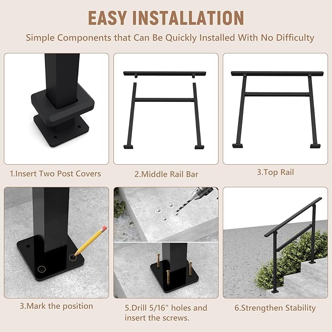 Hand Rails for Outdoor Steps,2-3 Step Railing for Stairs,Adjustable Porch Railing,Hand Rails for Seniors,Outdoor Deck Handrails for Exterior Steps,Black