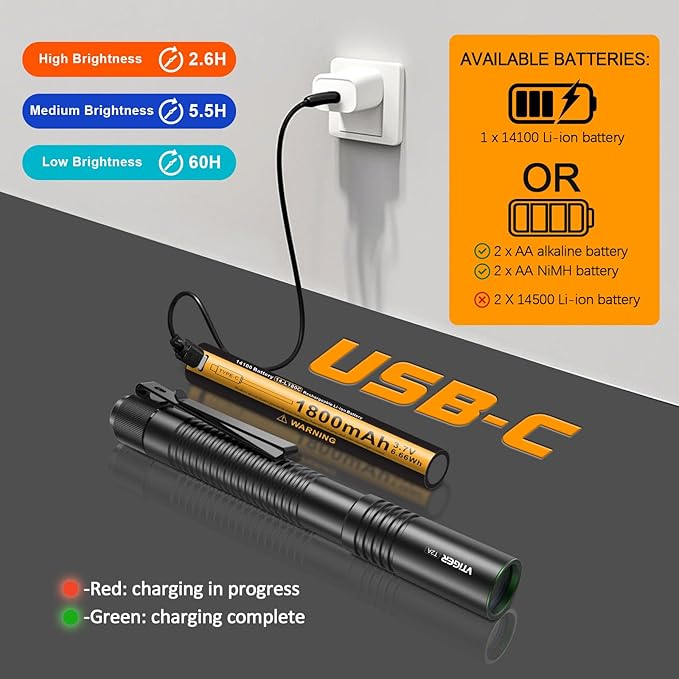 VTIGER T2A Compact EDC Flashlight,1500 High Lumens AA Rechargeable LED Flashlight, Super Bright Small Tactical Tail Switch Pocket Pen Light with Magnet for Camping,Hiking,Outdoor,Home,Emergency