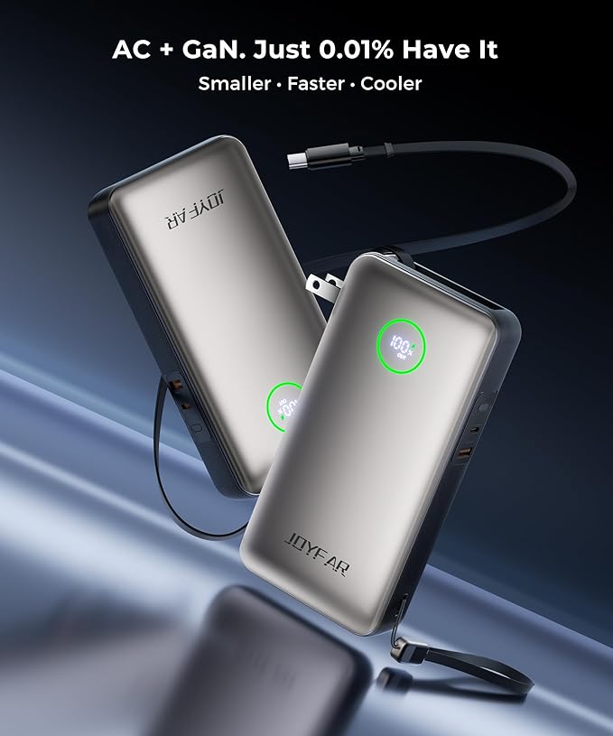 Portable Charger Power Bank - Laptop Battery Pack 65W AC Plug GaN 25000mAh Built in Cable USB C Phone Fast Charging Compatible with iPhone 16 15 14 13 12 11 X iPad MacBook Samsung (Gold)