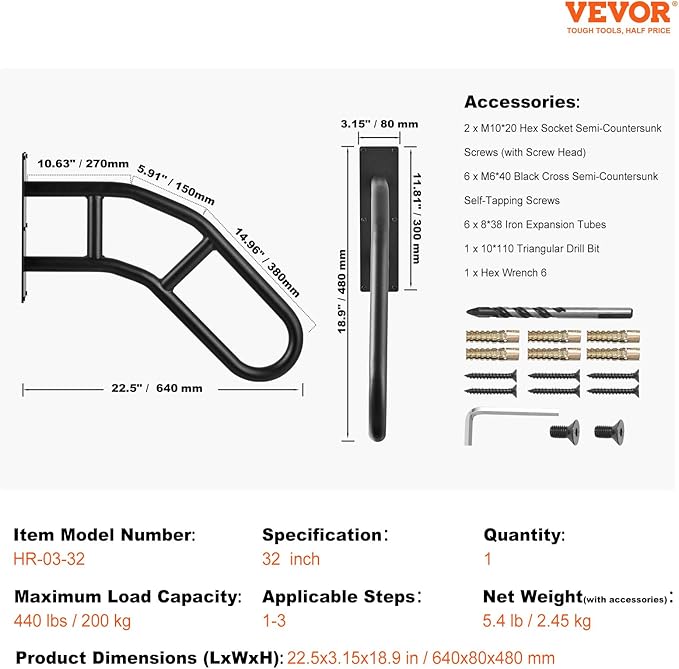 VEVOR Handrails for Outdoor Steps, 32" Length Wall Mount Safety Railings for 1-3 Steps, U-Shaped Handrail with Matte Black Finished, Stair Handrails for Kids, Elderly, Pregnant Women, Disabled