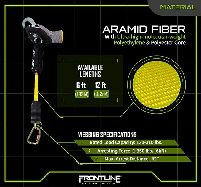 Frontline RPAS Aramid Fiber Web SRL | 6'-12' Single Leg | Steel Snap Hook | Lightweight & Compact | Durable Housing | Quick-Action Brake | 310 lbs Capacity | ANSI & OSHA Compliant.