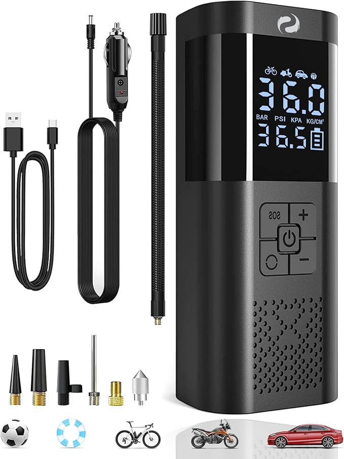 Tire Inflator Portable Air Compressor, Portable Air Pump with Pressure Gauge, Electric Tire Pump Battery 150PSI 12V DC, Cordless Tire Inflator with LED for Car Motorcycle Bicycle Ball