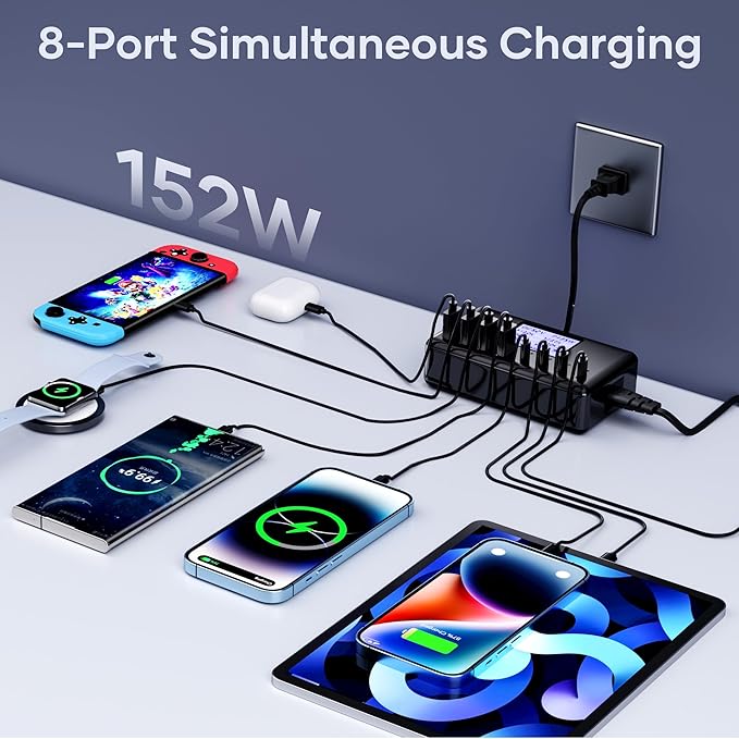 152W Charging Station, 8-Port Desktop USB-C & USB-A Charger Hub, 20W 4xUSB-C & 18W 4xUSB-A, Compatible With iPhone 15/14/13 Pro/Max, iPad, Samsung Galaxy Note S23