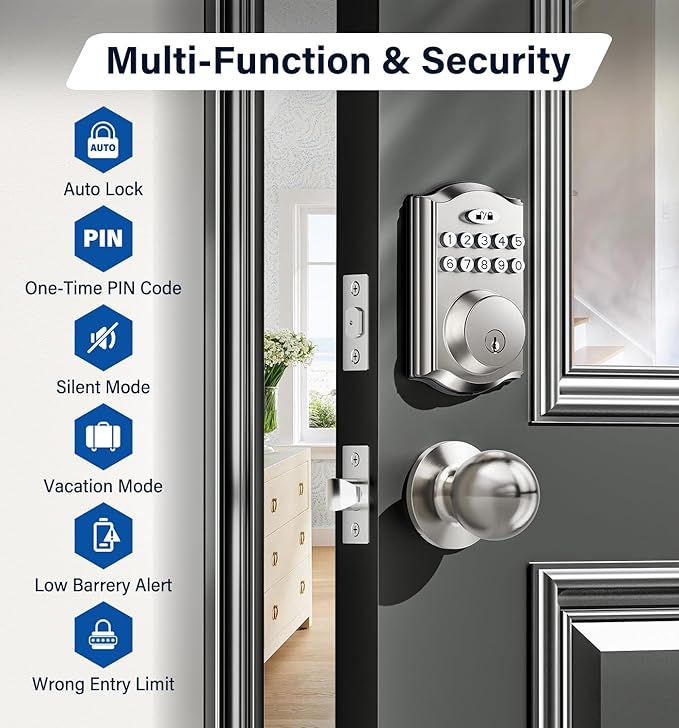 Keyless Entry Door Lock with 2 Knobs, Electronic Backlit Keypad Deadbolt with Handle Set, Auto Lock, One-time Codes, Smart Deadbolt for Front Door, Easy Installation (Satin Nickel)