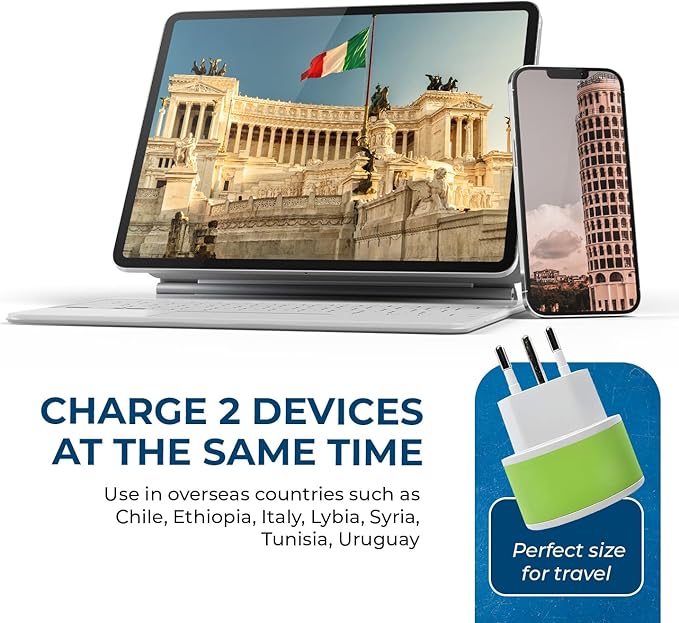 Orei Italy, Uruguay Type L Power Plug Adapter 3 Pack - 2 Usa Inputs, safe for cell phones, laptops, camera chargers, Cpap, and more US-12A