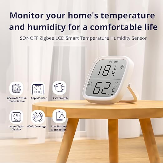 SONOFF Zigbee Indoor Temperature Humidity Sensor, SNZB-02D LCD Zigbee Thermometer Hygrometer, Works with Alexa & Google Home for Remote Monitoring and Home Automation, ZigBee 3.0 Hub Required, 1-Pack