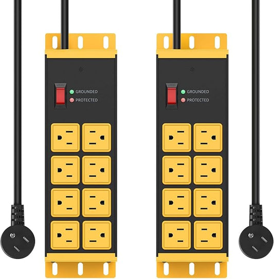 HHSOET 2 Pack Heavy Duty Power Strip 8 Outlets, Metal Wall Mount Outlet Strip 4800J Surge Protector, Garage Shop Under Desk Mountable 10FT Extension Cord Plug.