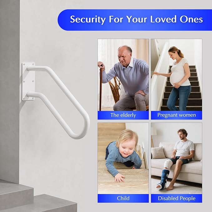Hand Rails for Outdoor 1-2 Steps, Indoor Stairs, Bathroom, Wall Mount Non-Slip U-Shape Stair Hand Railing White 1 Pack
