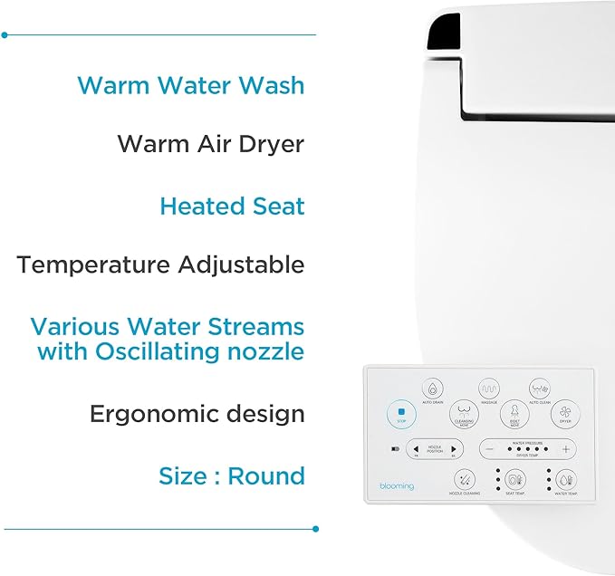 Blooming NB-R1260R Bidet Toilet Seat - Smart Toilet Seat, Warm Water, Dryer, Heated Seat, Sittable Lid, LED Nightlight - White - Attachment with Remote Control (Round)