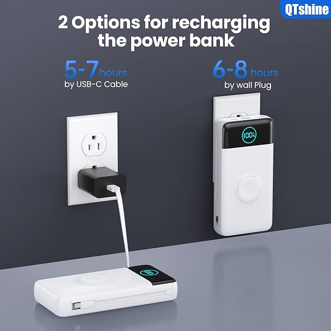 Portable Charger 40800mAh Power Bank with Built-in Cables,Wall Plug and iWatch Charger,6-in-1 QC4.0+25W PD USB C Fast Phone Charging,LCD Display Battery Pack for iPhone 16/15,Apple Watch,Galaxy-White