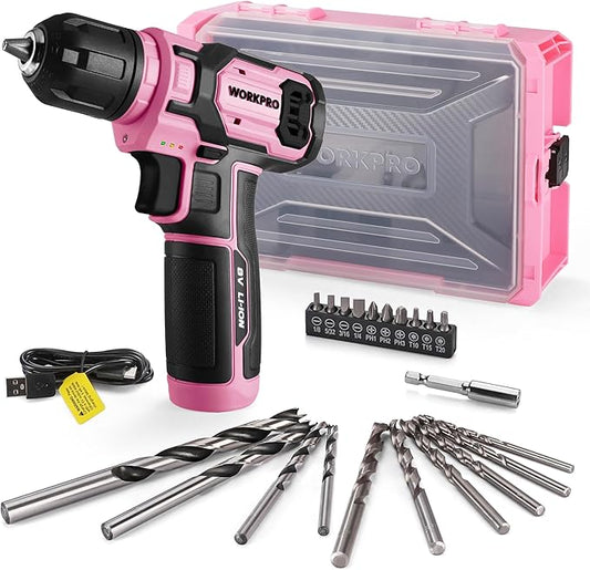 WORKPRO Pink Power Drill Set and Stackable Tool Box, 8V Cordless Drill Driver with Bit Set, 2.0Ah Electric Cordless Screwdriver Kit with 3/8" Keyless Chuck, For Home DIY- Pink Ribbon