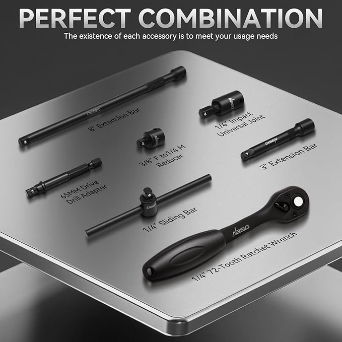 DISEN 57 PCS 1/4" Drive Impact Socket Set Shallow & Deep Socket Set SAE(5/32"-9/16") & Metric(4-15mm) with Universal Joint, Extension Bar, 3/8 to 1/4 Reducer, Ratchet Handle, Adapter
