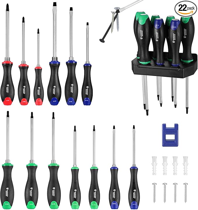 WORKPRO Magnetic Screwdriver Set 22-Piece, Screwdriver Set Kit with Wall Mount Rack, Includes Slotted, Phillips and Torx Screwdrivers, Magnetic Screwdriver with Magnetizer & Demagnetizer Tools