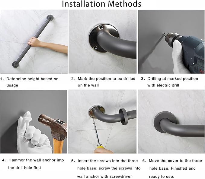 Shower Grab Bar, 2 Pack 24 Inch Gray Bathroom Grab Bar, 1.25" Diameter 304 Stainless Steel Anti-Slip Grab Bars for Bathtubs and Showers, Handicap Shower Grab Bar for Seniors Elderly