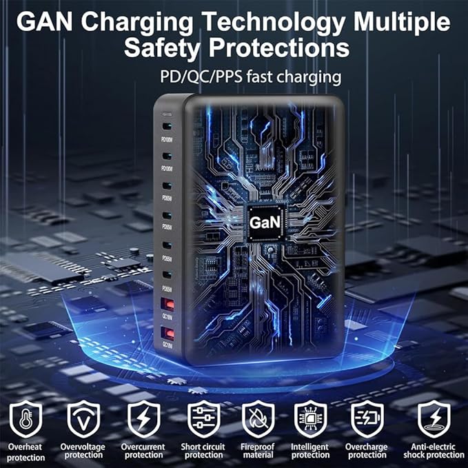 500W USB C Fast Charger Block, 8 Port Charging Station, GaN Ⅲ Multi Port Charging Station Hub for Multiple Devices, Multiport USB Charger Station Compatible with MacBook iPhone iPad Dell