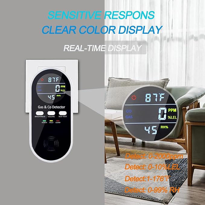 5-in-1 Upgraded Plug in Carbon Monoxide Detector and Natural Gas Detector, KH Alert Portable Carbon Monoxide Detector & Gas Leak Detector with 9V Battery Backup, CO Detector with ℉ & Humidity for Home