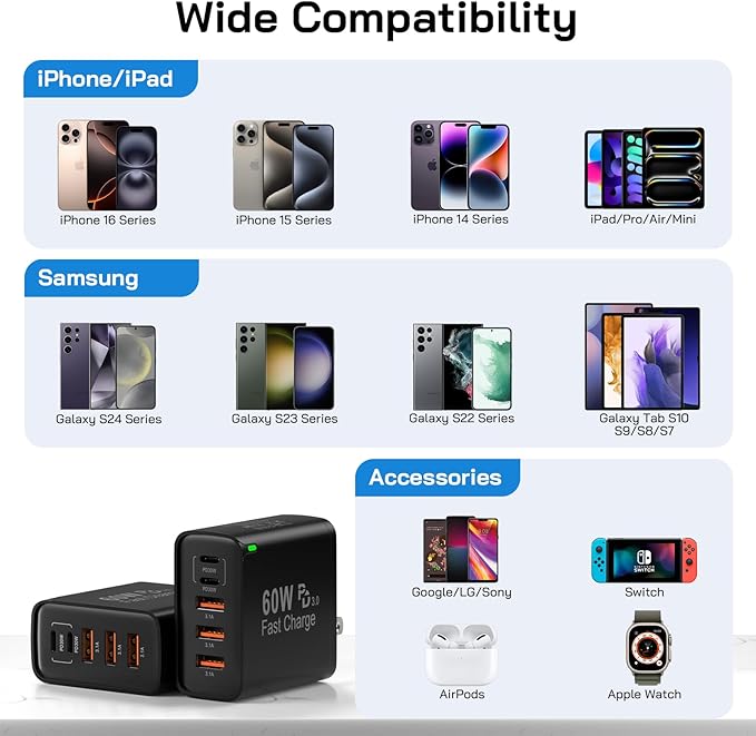 2Pack USB C Fast Charger Block, 60W 5-Port USB C Wall Charger 30W Type C Charging Block, 2USB C+3USB A PPS/PD 3.0 Multiport Charging Cube for iPhone 16 15 14 13 Pro Max,for Galaxy S25 S24 Ultra, i Pad