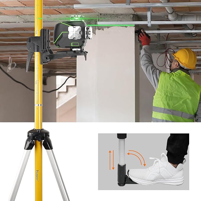 Huepar 12 Ft./3.7m Telescoping Pole with 1/4-Inch by 20-Inch Laser Mount for Rotary and Line Laser Level, Adjustable Telescoping Pole with Tripod - 5/8"-11 Adapter Nut Included LP36