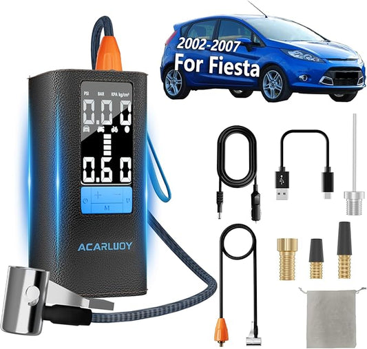 Portable Tire Inflator & Air Compressor Fit For Fiesta 2002-2007， 3X Faster Inflation, LED Light， 6000mAh, Auto Shut-Off, Digital Gauge