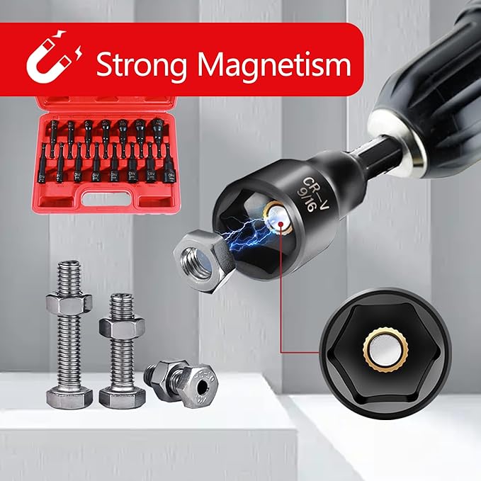 15PCS Magnetic Nut Driver Set,Impact Power Hex Nut Driver Drill Bit Master Kit, SAE & Metric, 1/4-Inch Quick-Change|Cr-V Steel