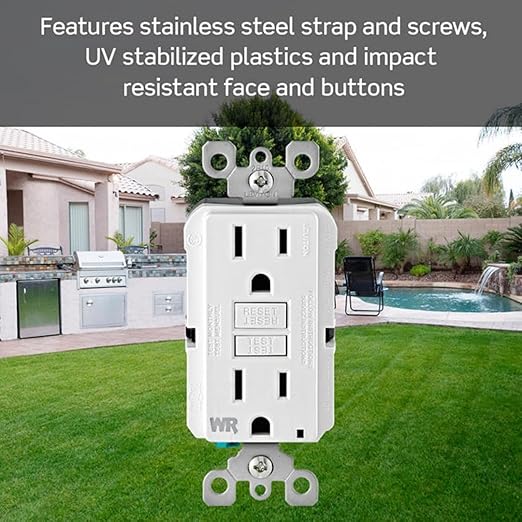Leviton GFCI Weather-Resistant Outlet, 15 Amp, Self Test, Non Tamper-Resistant with LED Indicator Light, Outdoor Locations, GFWR1-W, White