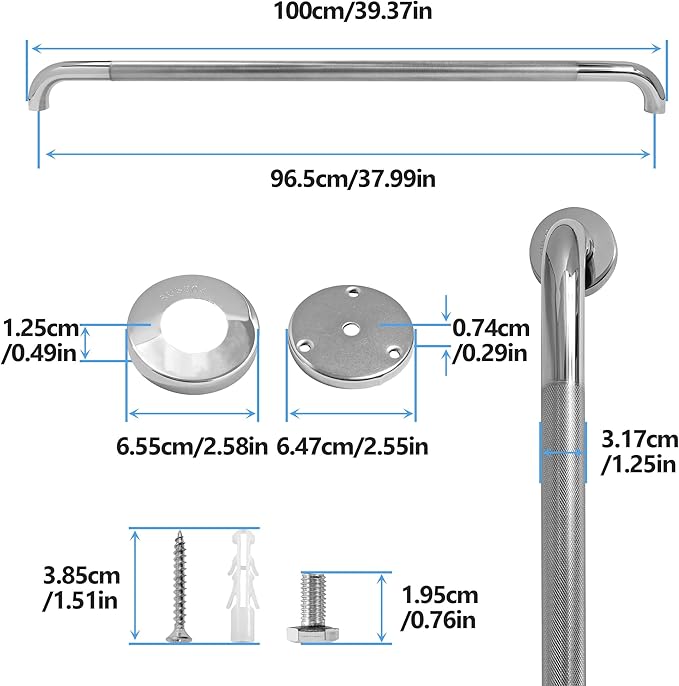 Shower Grab Bar, 2 Pack 39.4 Inch Bathroom Grab Bar, 304 Stainless Steel 1.25" Diameter Anti-Slip Handicap Grab Bar Support Shower Rail Senior Handrail Shower Safety Bar Handle