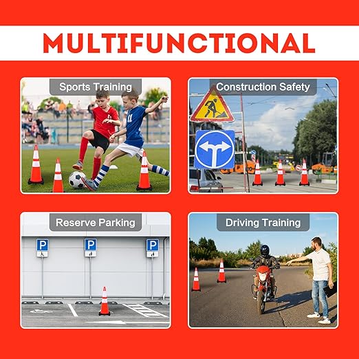 Traffic Cones 28 inch PVC Orange 8 Pack Heavy Duty Black Base Construction with Reflective Collars Fit Parking Lot,Driveway Road Traffic Control Safety Cones