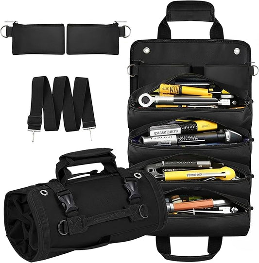 Roll Up Tool Bag Organizer, Tool Bags for Men, Tool Roll Bag with 2 Detachable Zipper Pouches, Heavy Duty Tool Bag for Dad Birthday, Father’s Day Gifts, Handyman or RV Owners (Black)