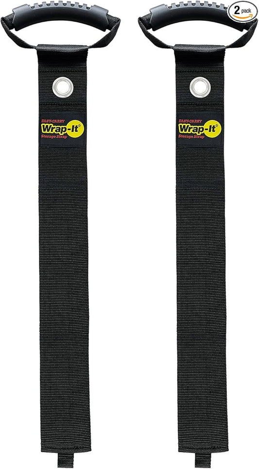 Easy-Carry Wrap-It Storage Straps - 48” (2-Pack) Black with Grommet - Garden Hose Caddy and Cord Wrap for Indoor and Outdoor Cable Organizing