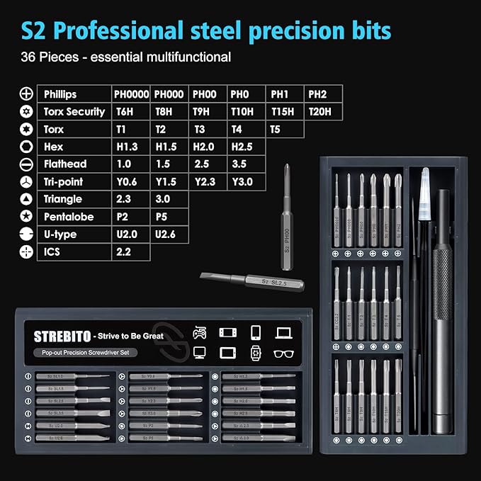 STREBITO Small Screwdriver Set - 39 in 1 Precision Screwdriver Kit, Electronics Tool Set - PC, Laptop, RC, Computer, Phone Repair, S2 Steel Long Bits - Torx, Pentalobe, Triwing