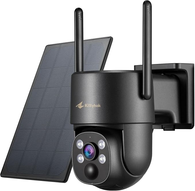 Kittyhok Solar Camera Security Outdoor | 2k Black Wireless Security Camera Outdoor, Solar Powered, 360° Viewing, Human Detection, Spotlight for Home Security, Local Storage