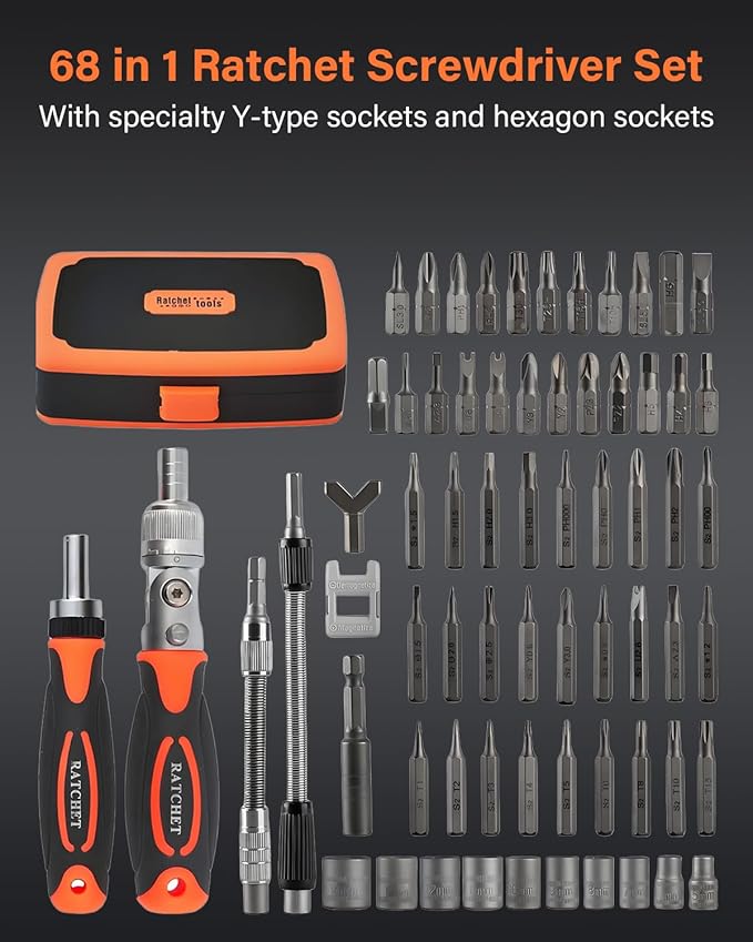 Ratcheting Screwdriver Set, 68 in 1 Socket Set & Magnetic Screwdriver Bit Set with Rotatable Ratchet Handles, Extensions Bar and Storage Case for Phone, Computer, Bike, Car, Electronics Maintenance