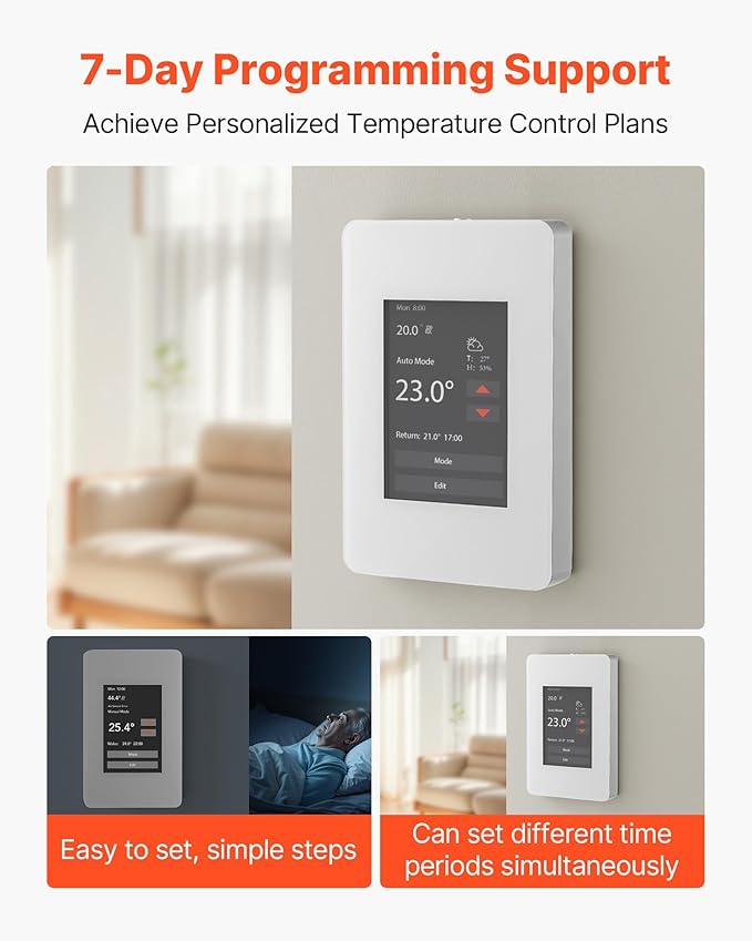 VEVOR 7-Day Programmable Thermostat, Home Thermostats for Radiant Underfloor Heating Cable,Heat Pump with GFCI & Sensitive Sensor,TFT Color Display Touchscreen,Efficient,Gray-White (Without WiFi)