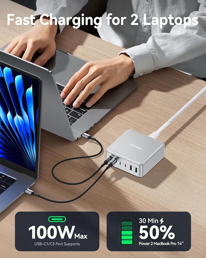 270W USB C Charger Block, Rocoren 6 Port Multi USB-C Charging Station,100W PD Fast USBC Gan Charger Station Hub Dock for Multiple Devices, Laptop Type C for MacBook/iPhone 16/iPad/Galaxy S25