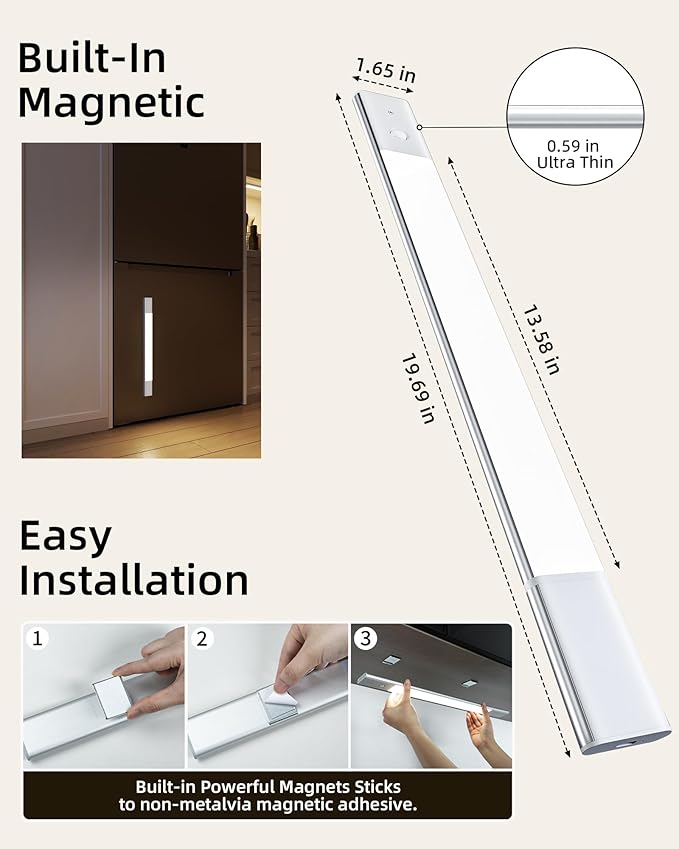 EZVALO Under Cabinet Lighting, Motion Sensor Closet Lights with Extra Detachable Battery, 76 LED Dimmable, 3 Color Temps, Under Counter Lights for Kitchen, Wardrobe