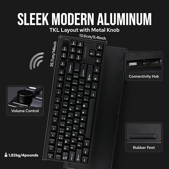 EPOMAKER P87 TKL Aluminum Wireless Gaming Keyboard, QMK/VIA Programmable, 87% Bluetooth/2.4Ghz/USB-C, with CNC Metal Knob and RGB Backlight (Black, Zebra Switch)