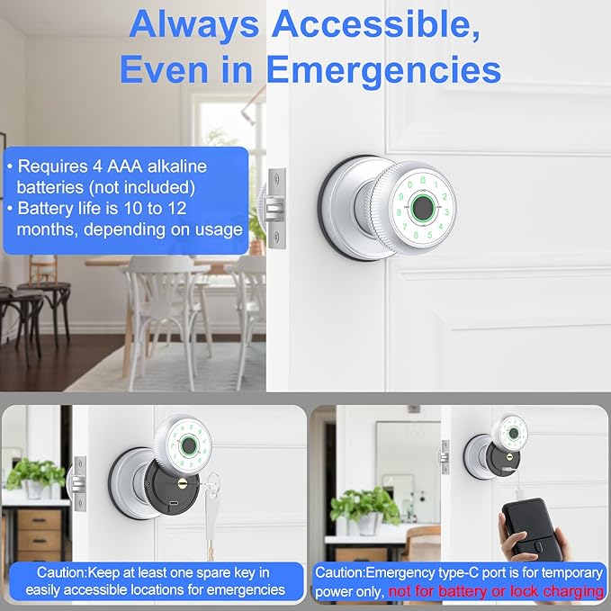 5-in-1 Smart Door Knob, Fingerprint Door Knob with App Control, Smart Fingerprint Door Lock,Auto Lock, Ideal for Home, Bedroom, Office, Chrome